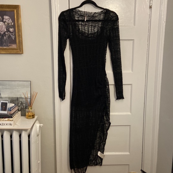 knee length dresses for ladies NWT Free People Black/Blue "Natasha" Lace Trim Bodycon Casual Dress-Si   Second Bite